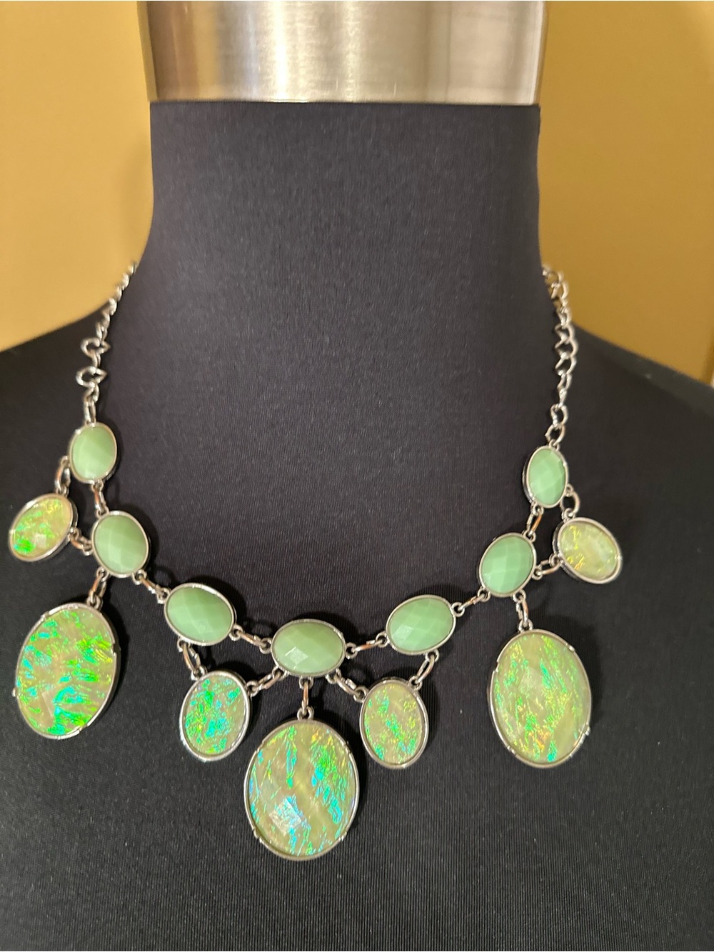 Green Statement Necklace with Iridescent Ovals